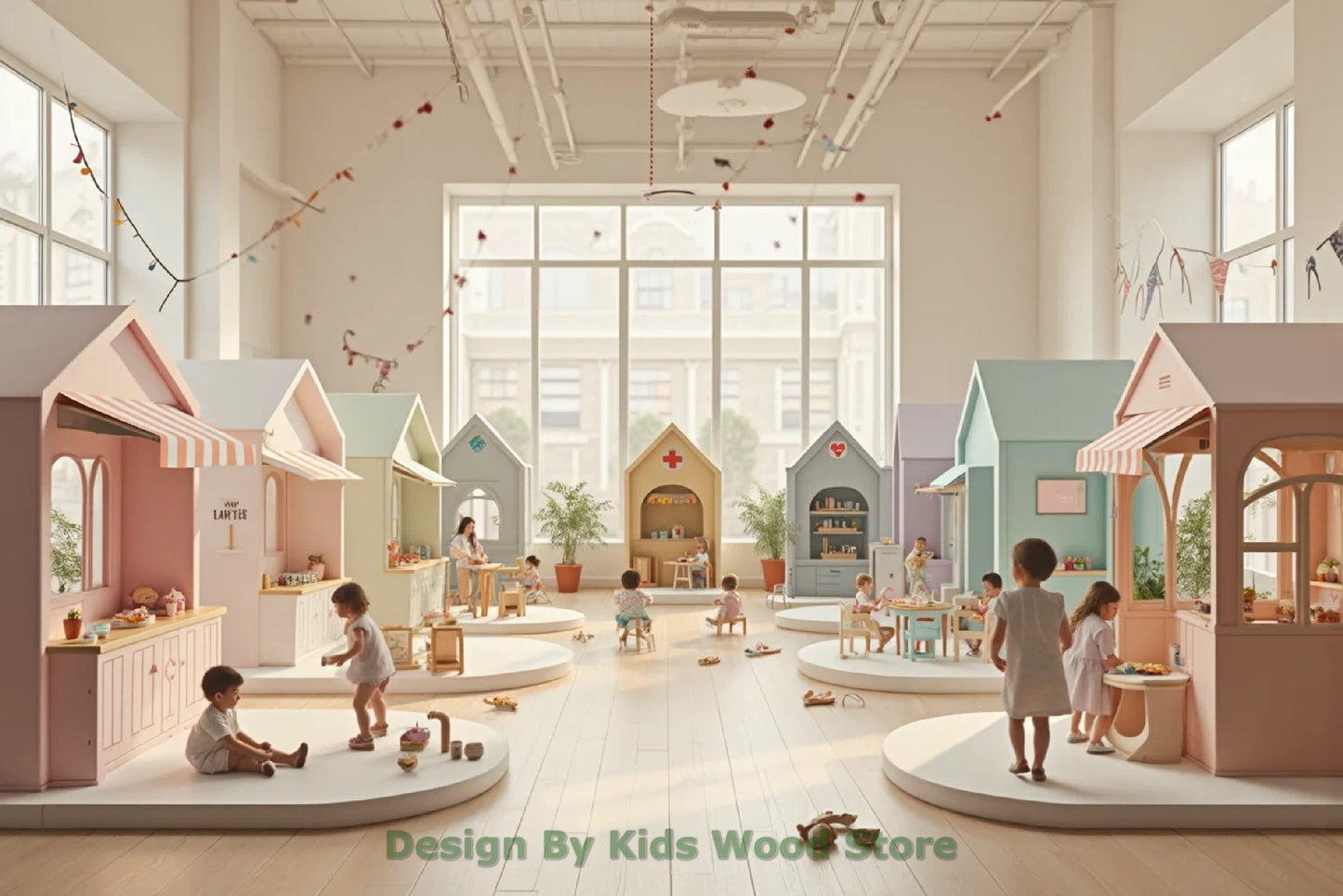 Individuell gestaltbare, pädagogische Spielstädte aus Holz für drinnen und draußen – fantasieanregende Designs für Kindertagesstätten, Spielcafés und Spielhäuser