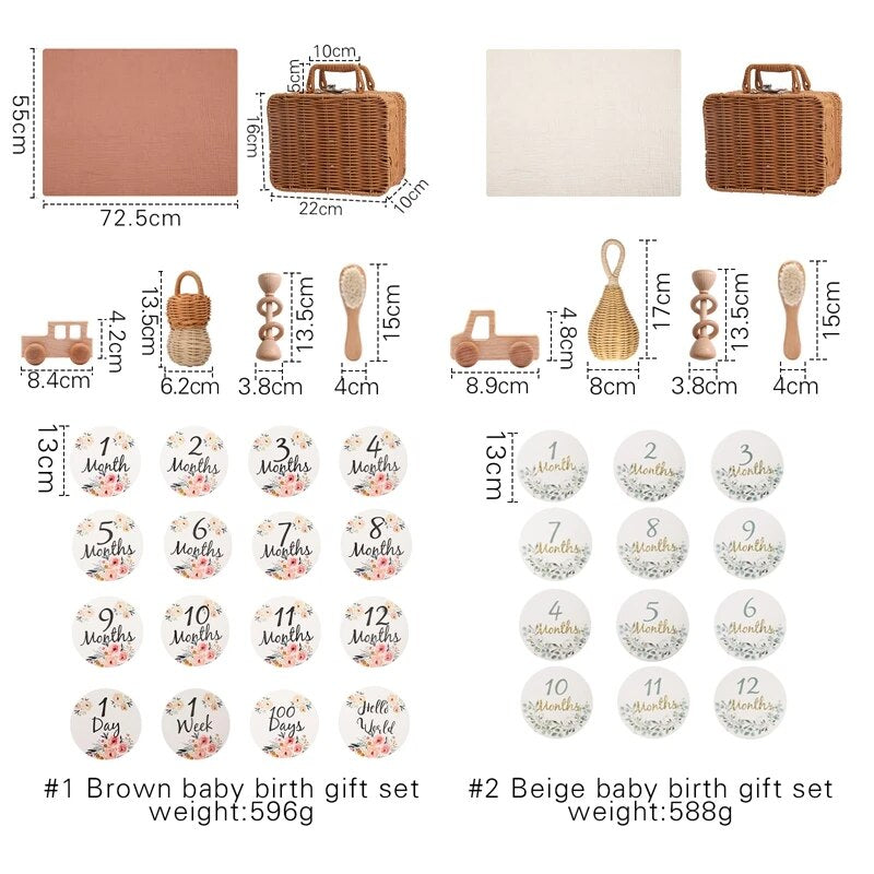 Baby Paper Milepost Birth Commemorate Wooden Toy Tableware Box Set Wooden Cane Beech Gift Set Montessori Birth Vintage Box Gifts