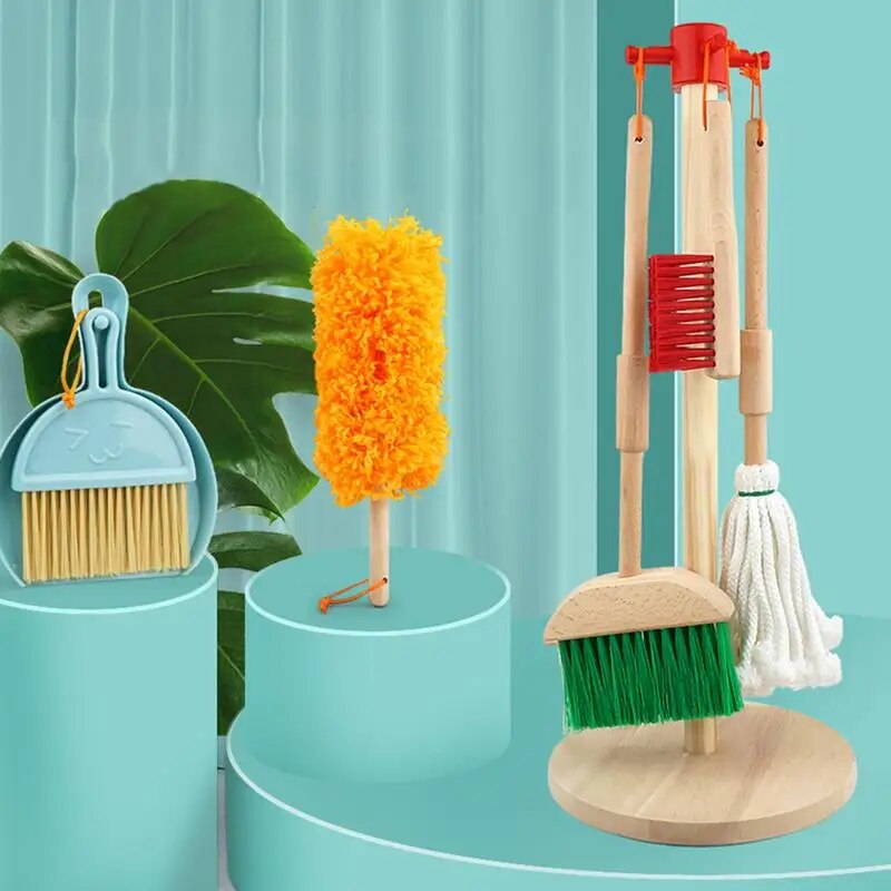 Wooden Cleaning Toys Set Set Of 6 Kids Play Broom Mop And Cleaning Toys Set Child Size Little Housekeeping Supplies Pretend