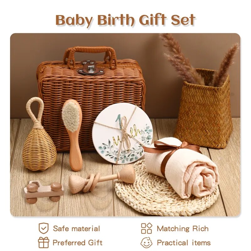 Baby Paper Milepost Birth Commemorate Wooden Toy Tableware Box Set Wooden Cane Beech Gift Set Montessori Birth Vintage Box Gifts