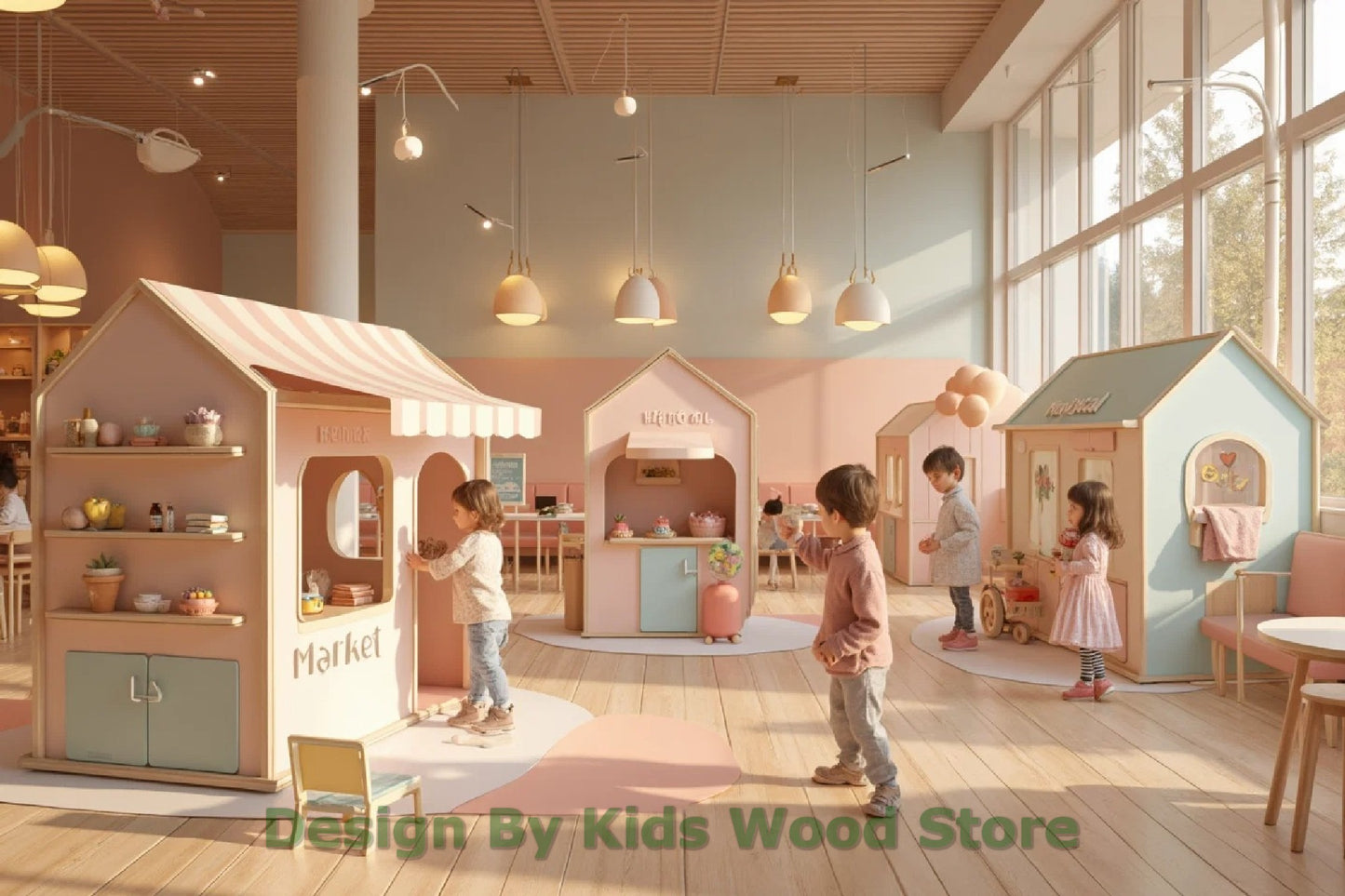 Individuell gestaltbare, pädagogische Spielstädte aus Holz für drinnen und draußen – fantasieanregende Designs für Kindertagesstätten, Spielcafés und Spielhäuser