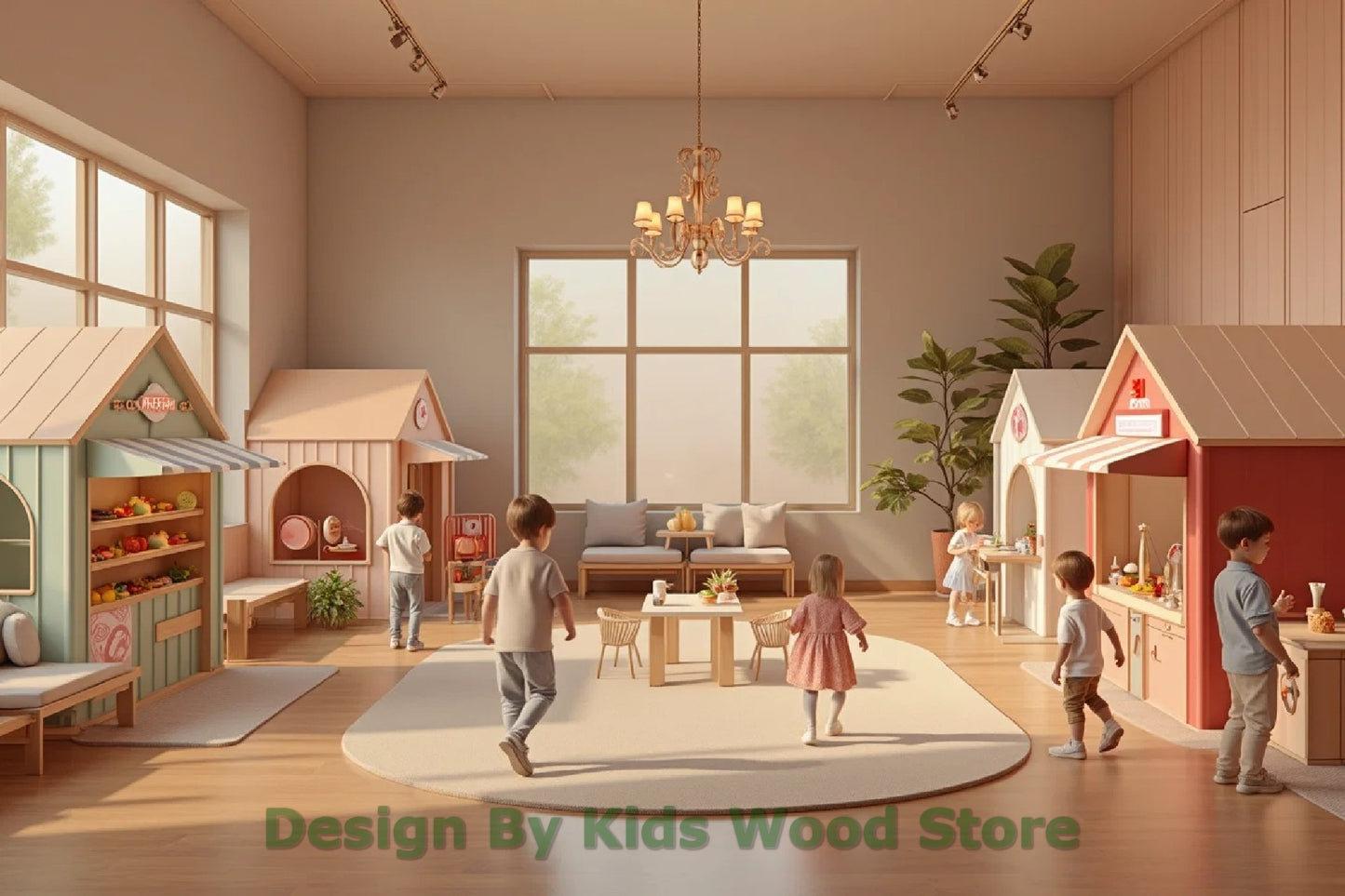 Ciudades de juego de madera personalizables, educativas, para interiores y exteriores, para niños: diseños que estimulan la imaginación para guarderías, cafeterías y casitas de juego.