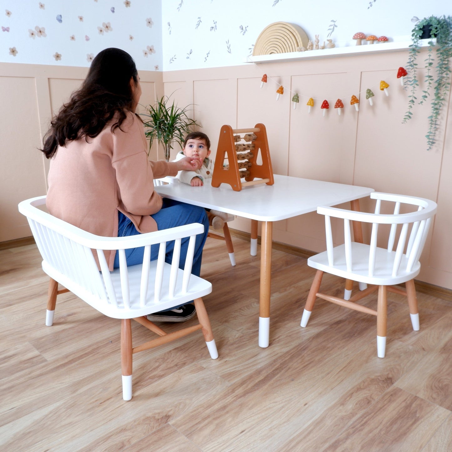 Wooden Kids Table, Kids Windsor Chair, and Kids Windsor Bench Set for Kids and Toddler - Customizable