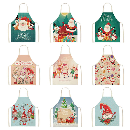 Linen Santa Kitchen Apron Christmas Snowman Unisex Dinner Party Cooking Bib Christmas Tree Apron Cleaning Apron  For Wooden Play Kitchen