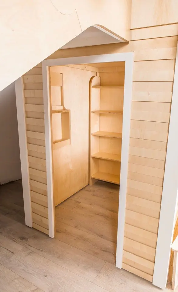 Wooden playhouse doorway looking inside at built-in storage shelves