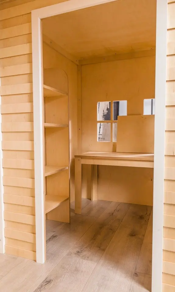 Interior room of wooden playhouse with built-in desk and shelf unit