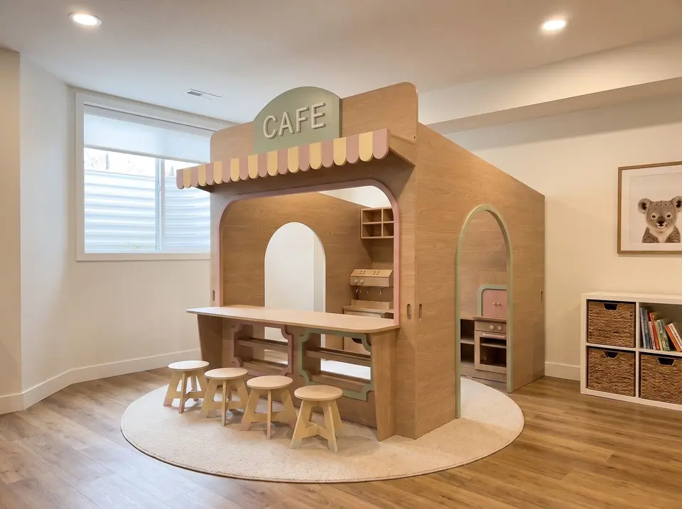 Full view of wooden play cafe playhouse installed in a modern playroom