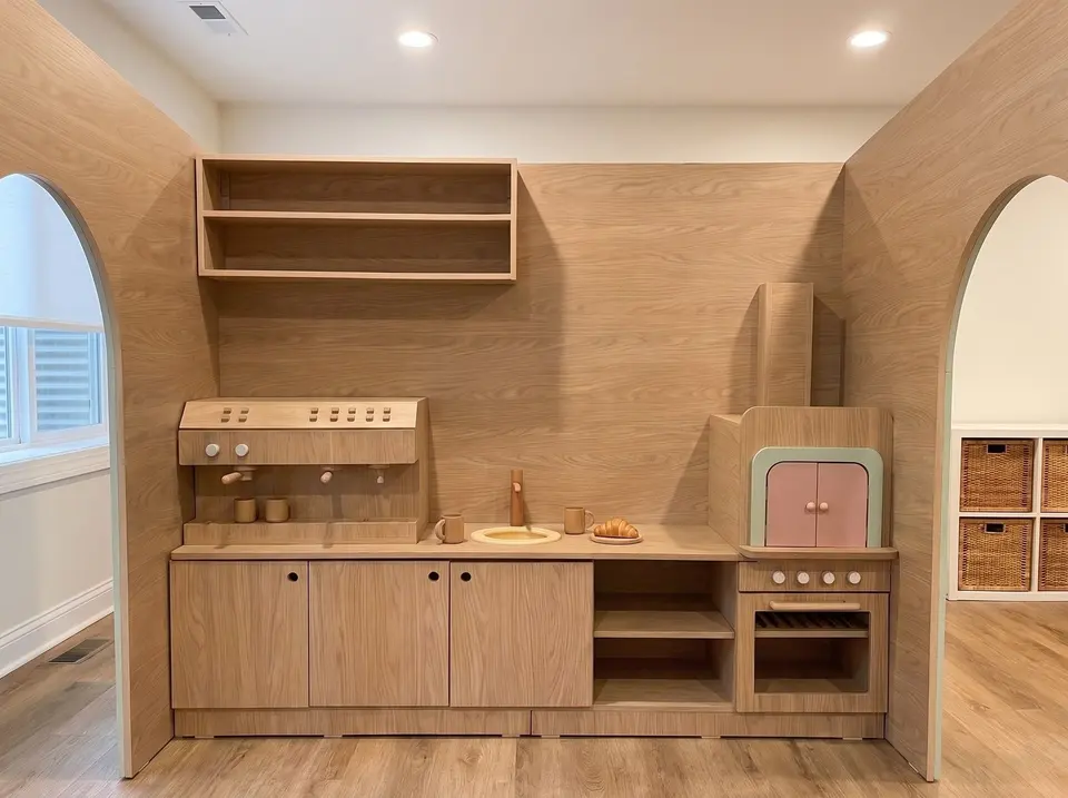 Interior view of wooden play kitchen inside custom indoor playhouse