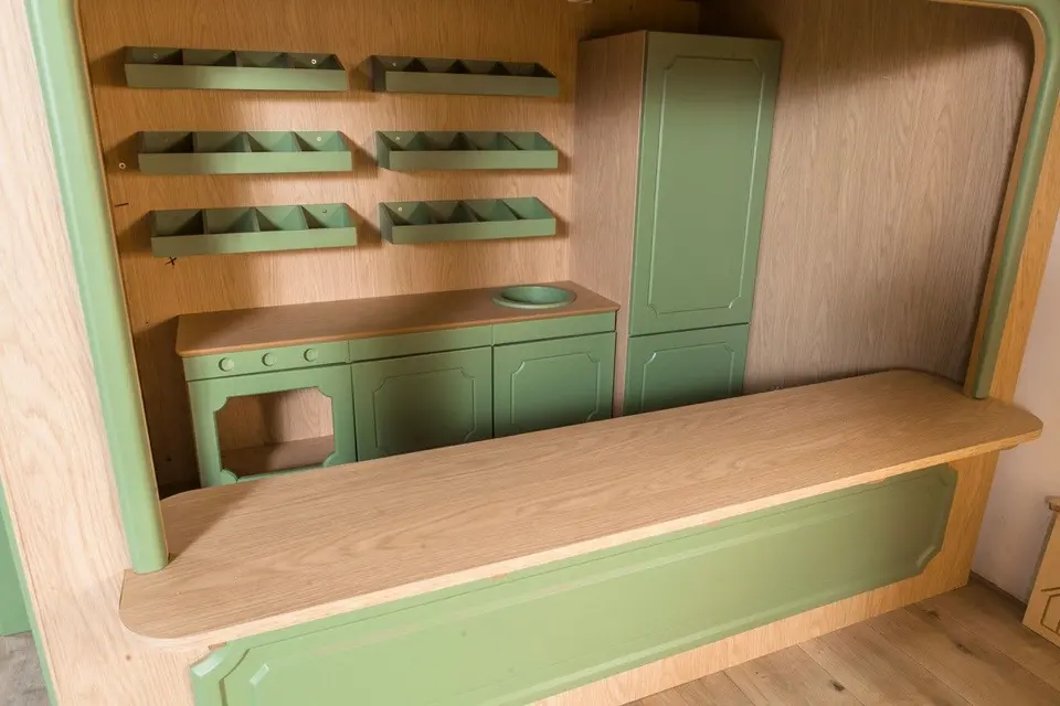 Play market counter top overlooking interior kitchen cabinets and display racks