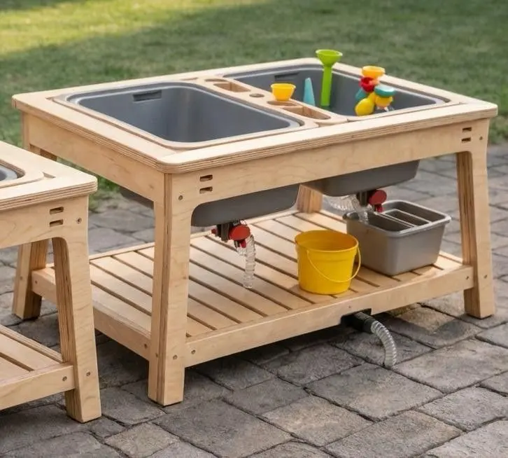 Wooden outdoor sensory water play table with double bins on patio pavers