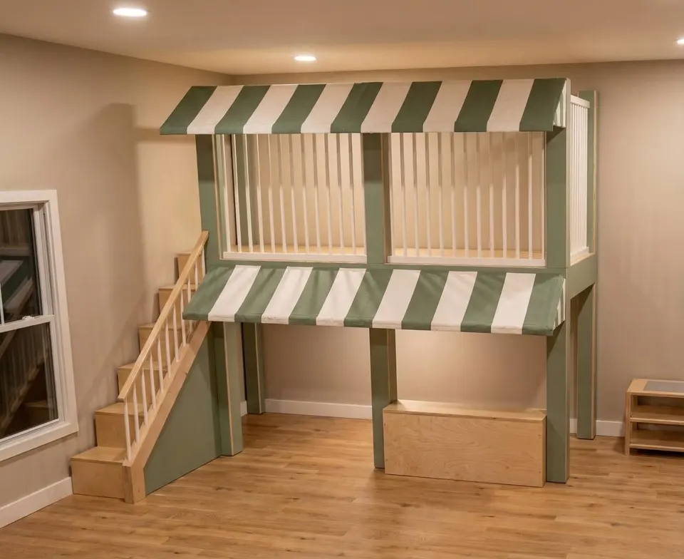 Custom green two story indoor playhouse with striped awnings and staircase