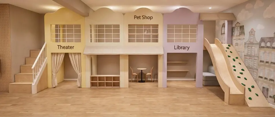 Pastel playhouse village with theater, pet shop, library, stairs and wooden slide