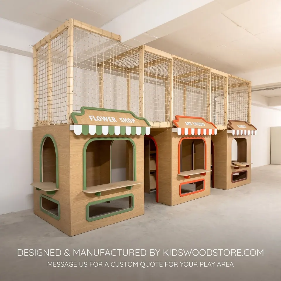 Modular wooden role play store fronts with safety netted upper play crawl space