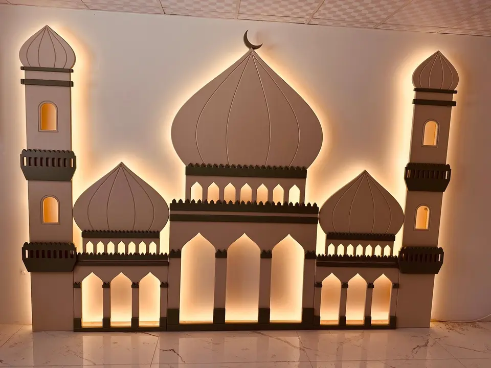 Finished illuminated wooden mosque decorative wall structure with warm backlighting