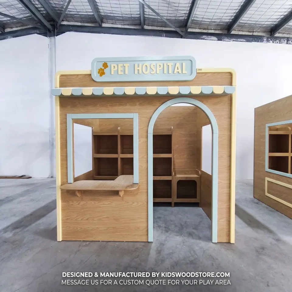 Front view of wooden pet hospital playhouse with counter and shelves
