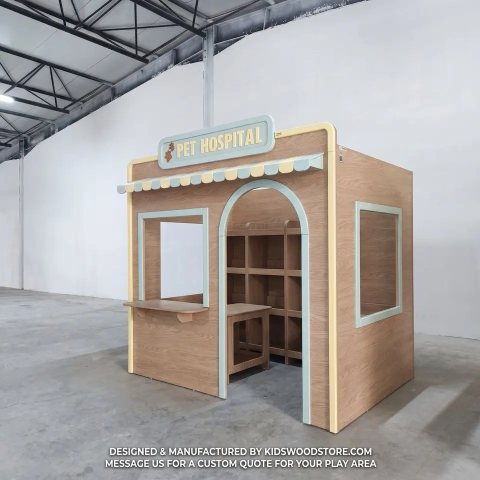 Side perspective of wooden pet hospital dramatic playhouse with side window