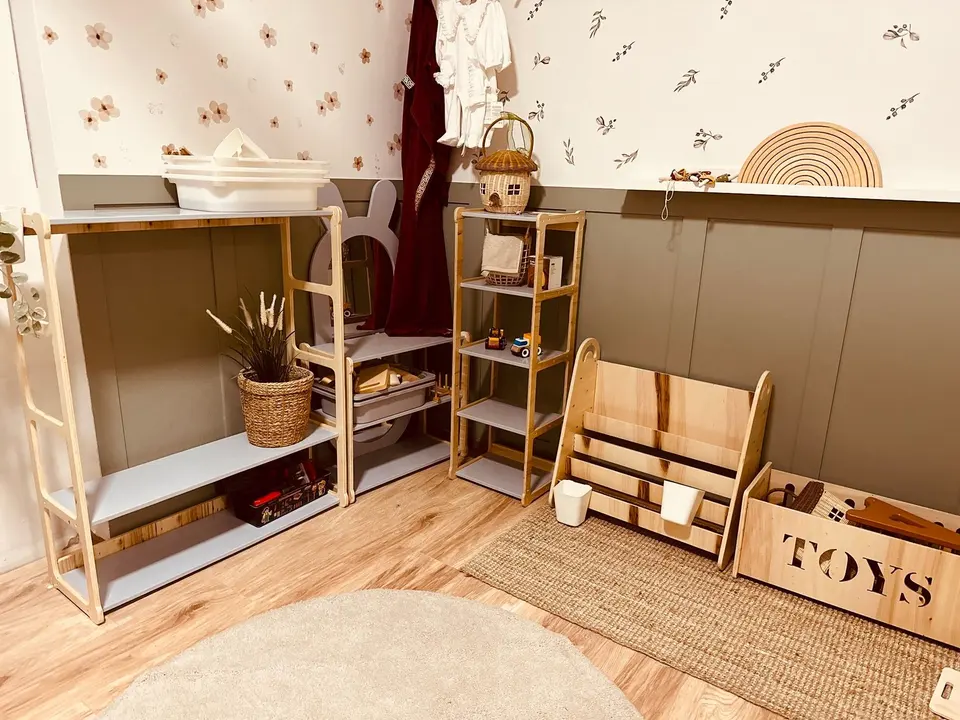 Kids wooden storage shelves book rack and toy box in bedroom