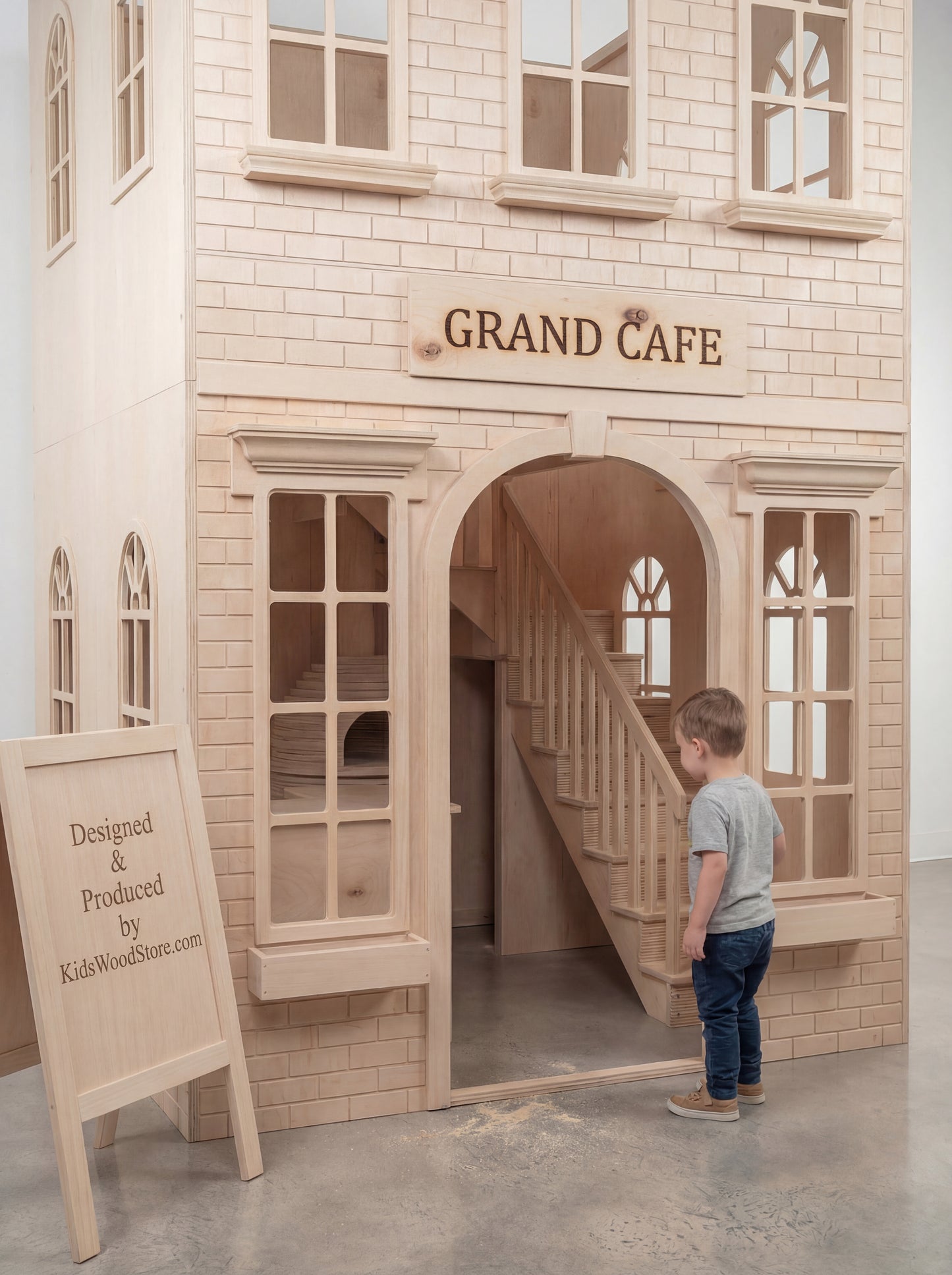 Extra Tall Two-Story Wooden Playhouse – Grand Café Concept 7 × 7 ft Base | 11 ft Height | Fully Customizable Indoor Play Structure