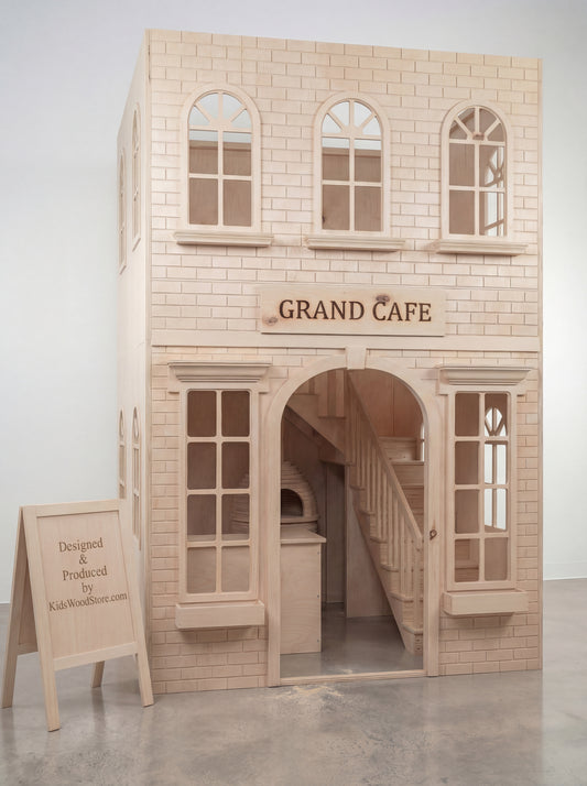 Extra Tall Two-Story Wooden Playhouse – Grand Café Concept 7 × 7 ft Base | 11 ft Height | Fully Customizable Indoor Play Structure