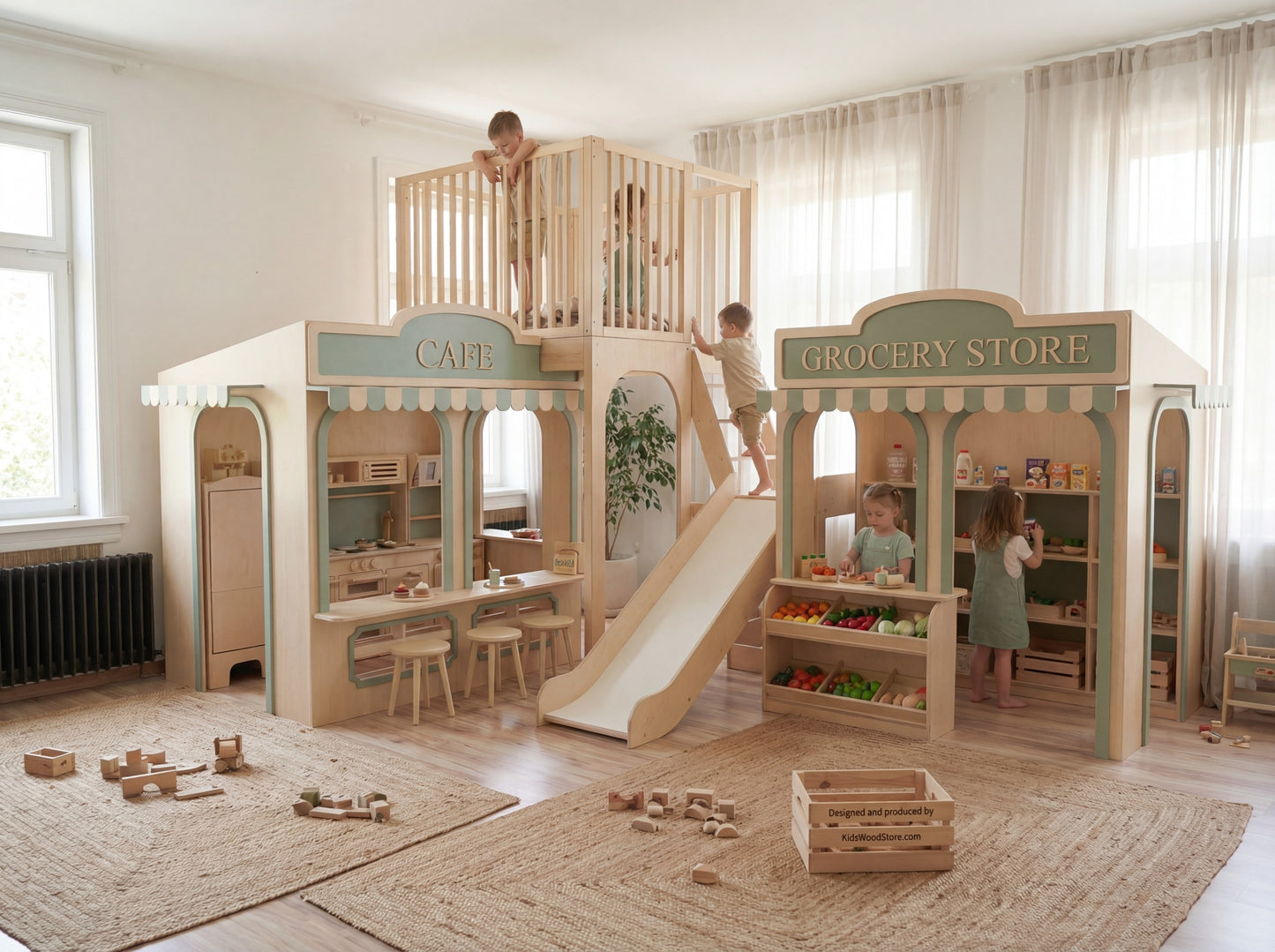 Luxury Wooden Play Town Set – Café & Grocery Store with Two-Story Adventure Structure