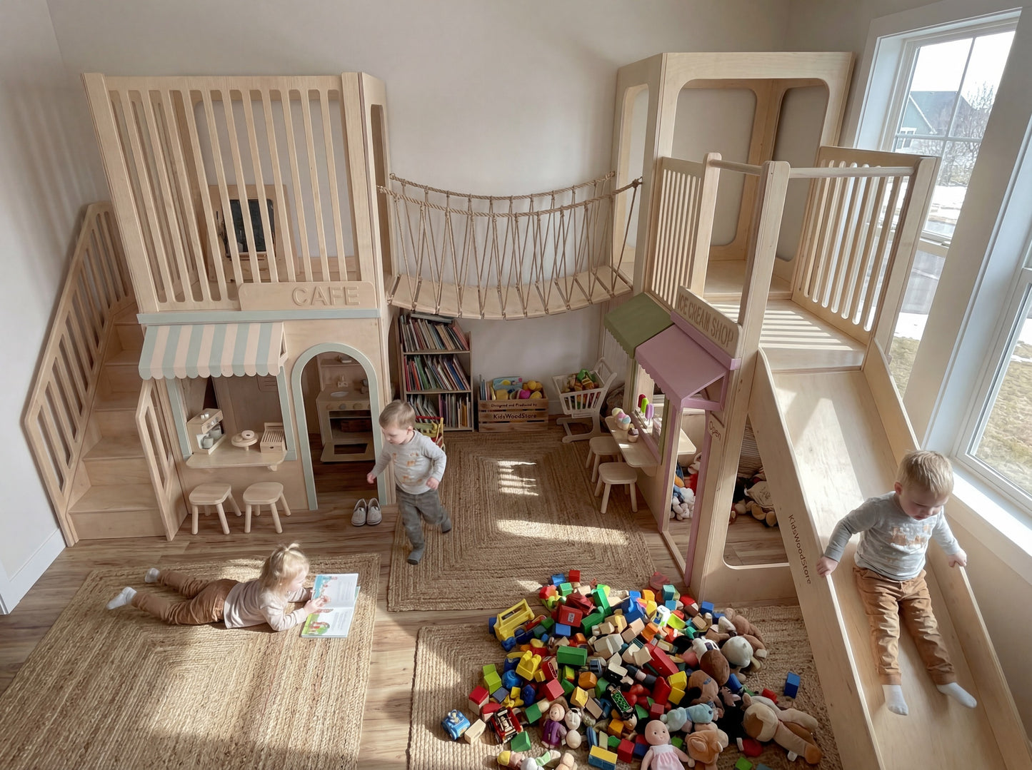 Luxury Indoor Wooden Playhouse Adventure Set Modular Two-Story Kids Play Town with Rope Bridge & Slide