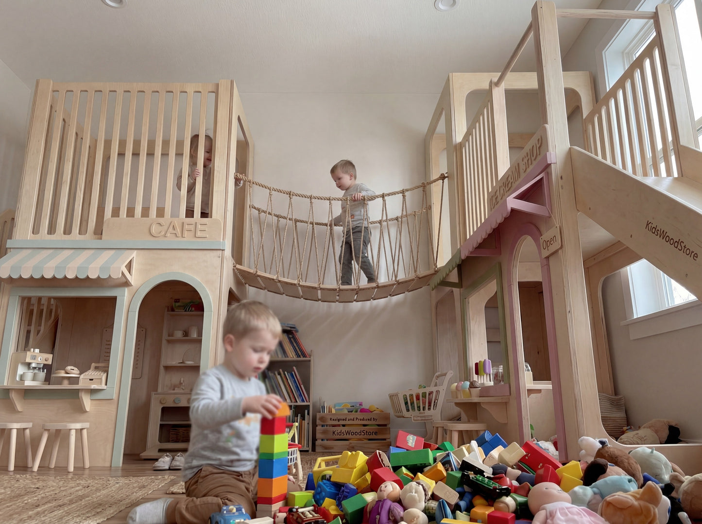 Luxury Indoor Wooden Playhouse Adventure Set Modular Two-Story Kids Play Town with Rope Bridge & Slide