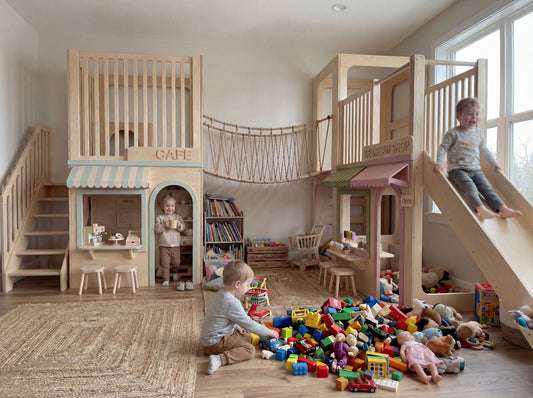 Luxury Indoor Wooden Playhouse Adventure Set Modular Two-Story Kids Play Town with Rope Bridge & Slide