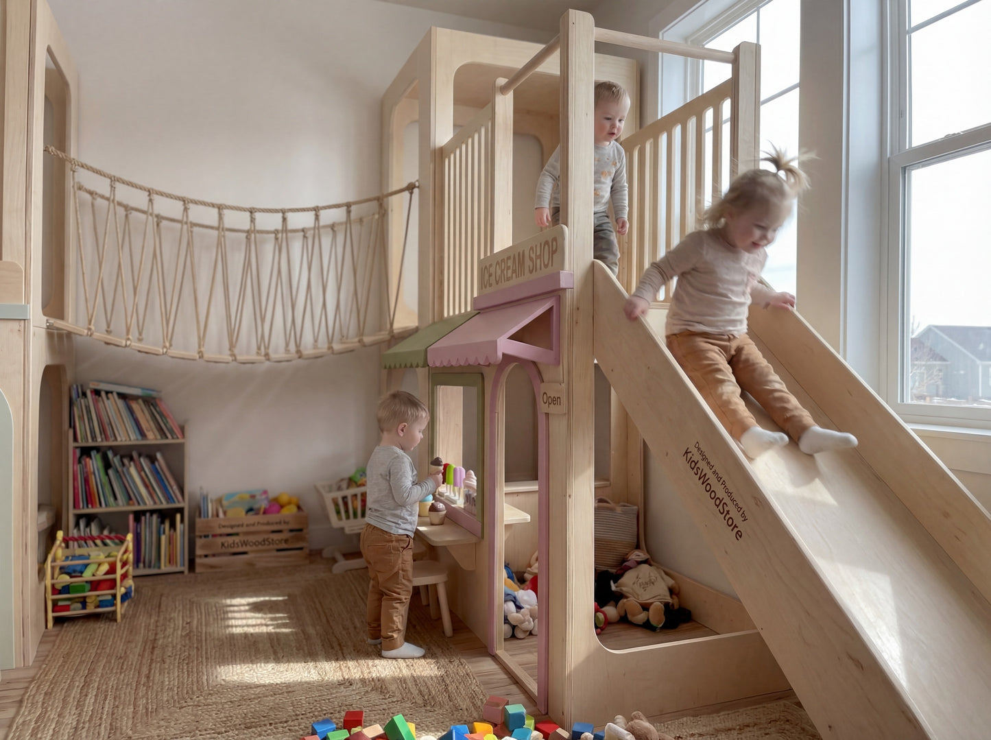 Luxury Indoor Wooden Playhouse Adventure Set Modular Two-Story Kids Play Town with Rope Bridge & Slide