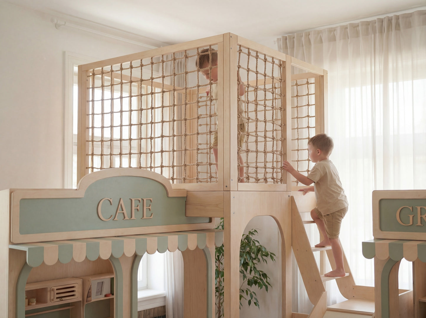 Luxury Wooden Play Town Set – Café & Grocery Store with Two-Story Adventure Structure