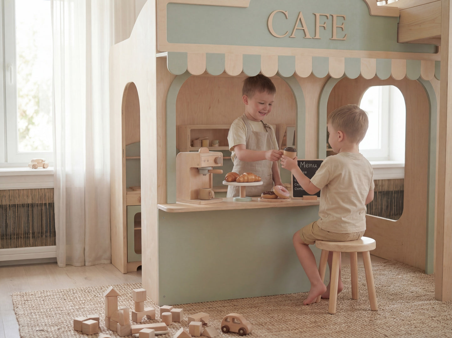 Luxury Wooden Play Town Set – Café & Grocery Store with Two-Story Adventure Structure