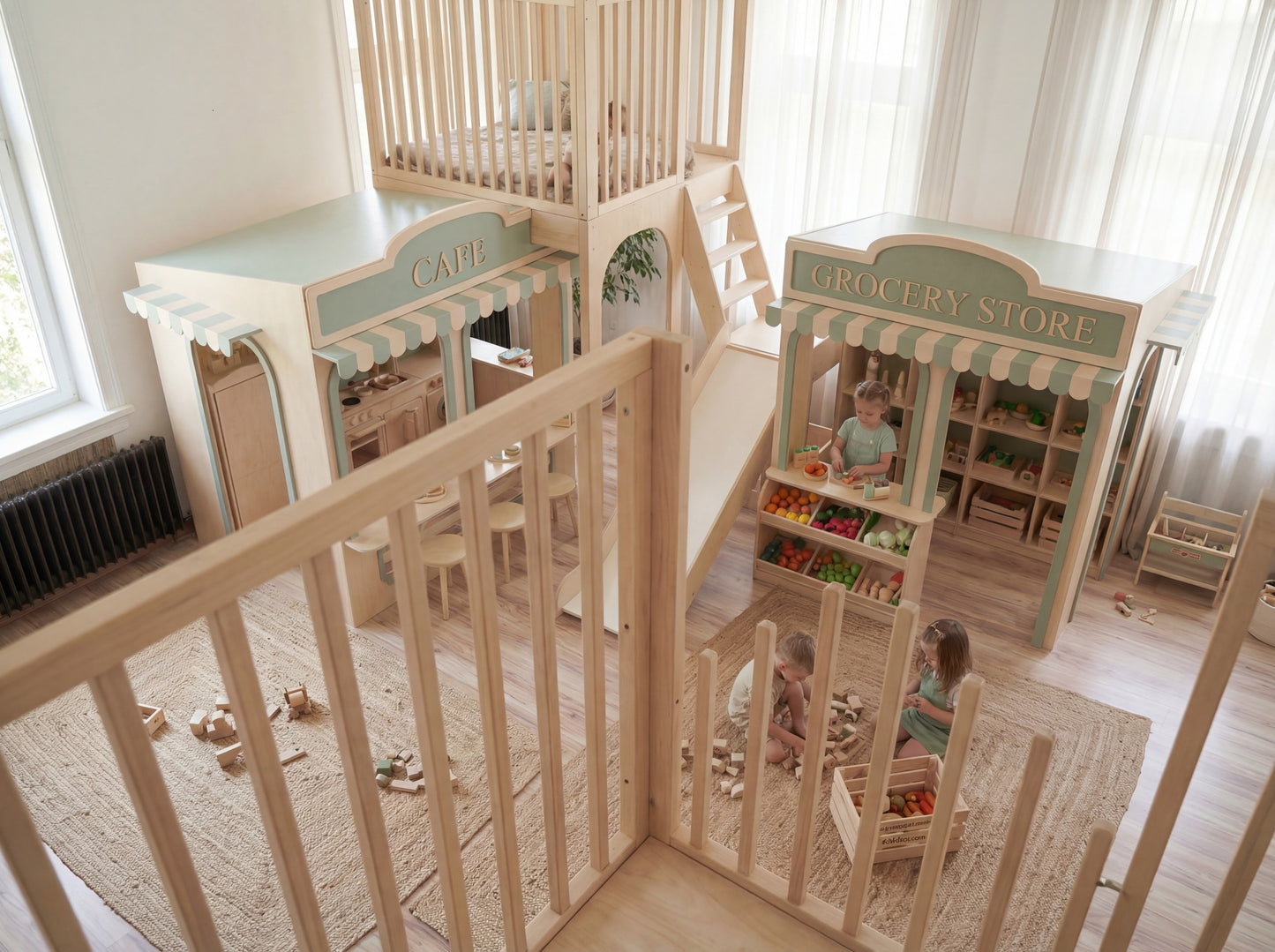 Luxury Wooden Play Town Set – Café & Grocery Store with Two-Story Adventure Structure