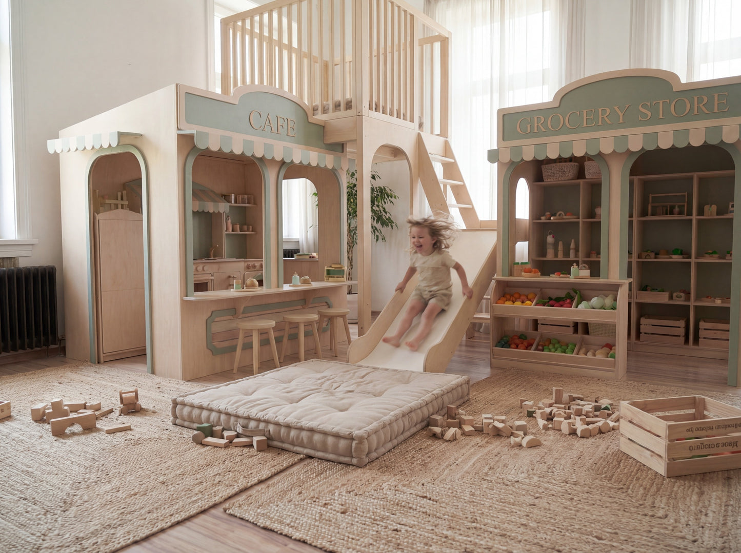 Luxury Wooden Play Town Set – Café & Grocery Store with Two-Story Adventure Structure