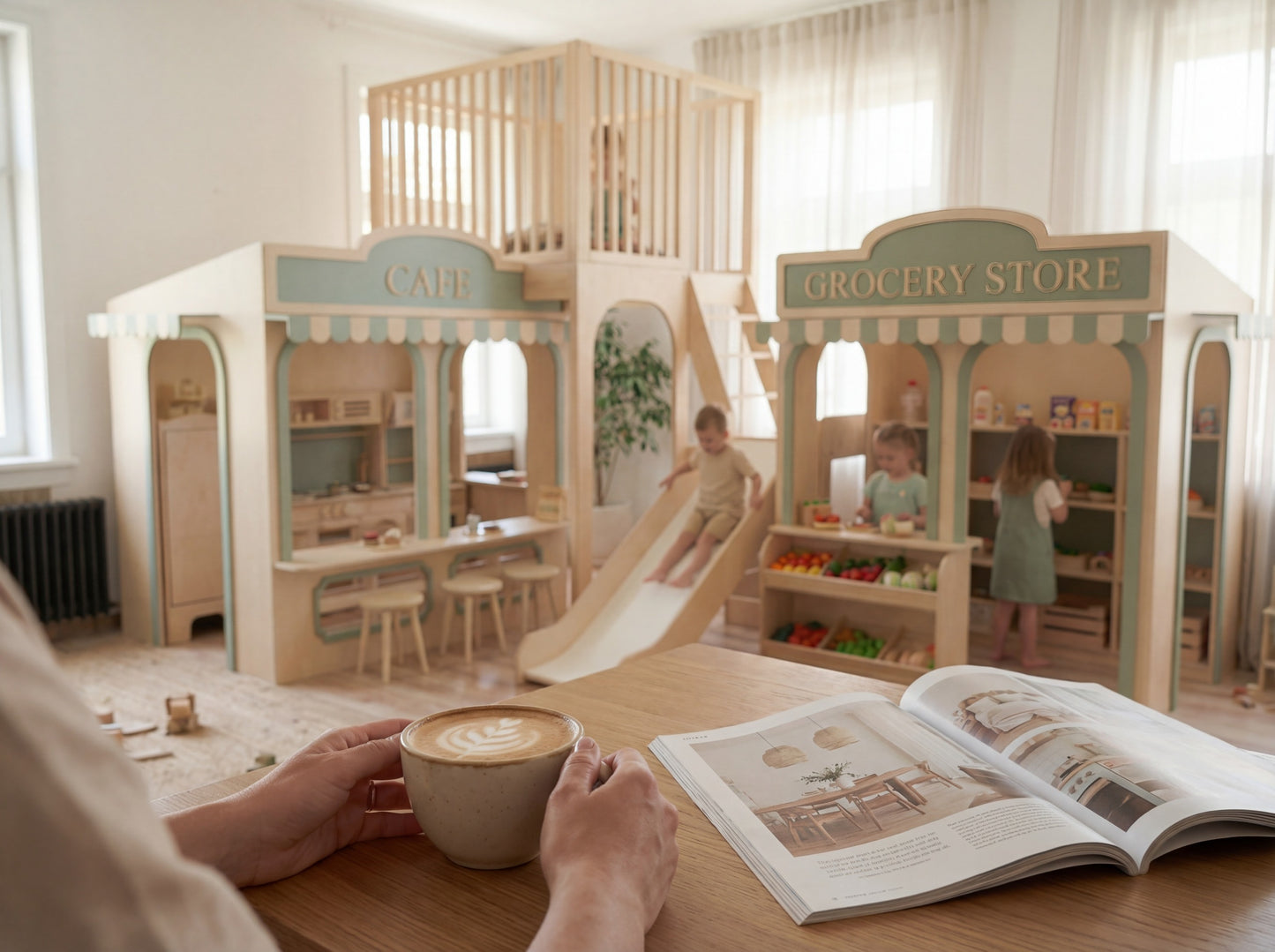 Luxury Wooden Play Town Set – Café & Grocery Store with Two-Story Adventure Structure