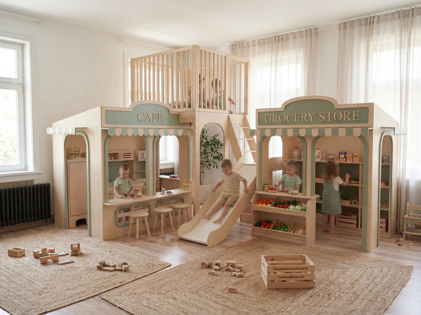 Luxury Wooden Play Town Set – Café & Grocery Store with Two-Story Adventure Structure