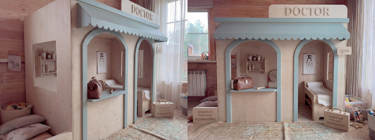 Spielhaus aus Holz für Kinder | Individuell gestaltbares Arztpraxis-Spielhaus für drinnen, geeignet für Zuhause und Gewerbe