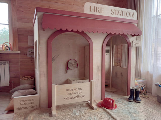 Wooden Kids Pretend Playhouse | Custom Indoor Role Play Fire Station Playhouse for Home & Commercial Use