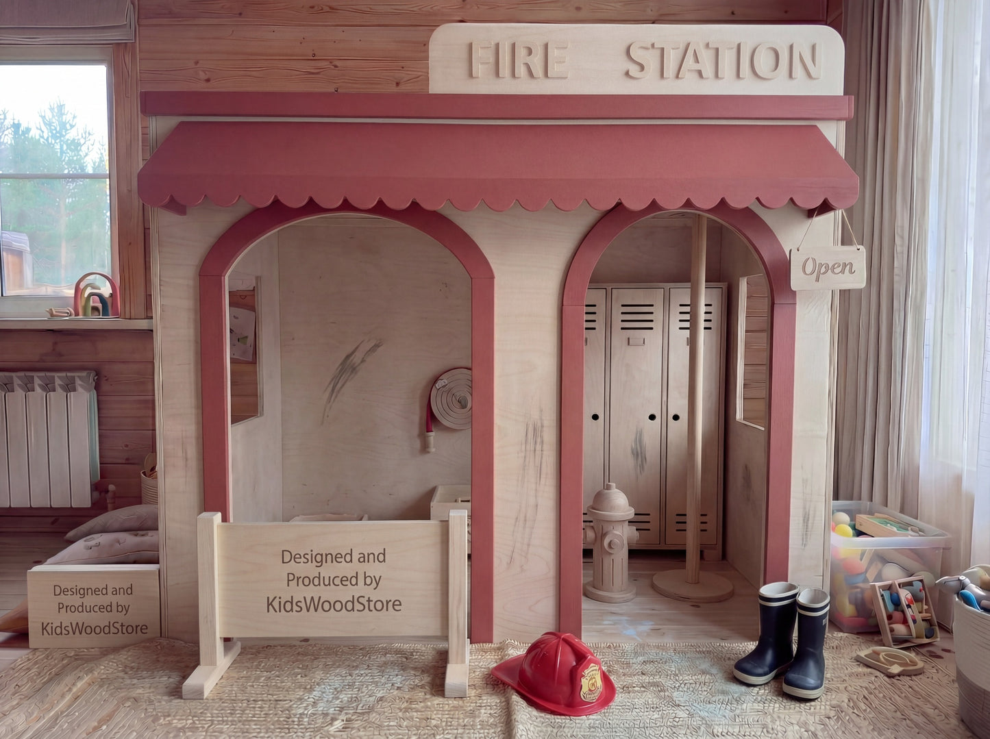 Wooden Kids Pretend Playhouse | Custom Indoor Role Play Fire Station Playhouse for Home & Commercial Use