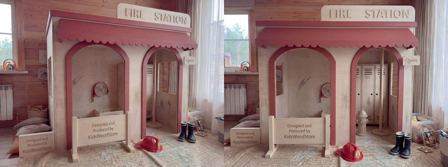 Wooden Kids Pretend Playhouse | Custom Indoor Role Play Fire Station Playhouse for Home & Commercial Use