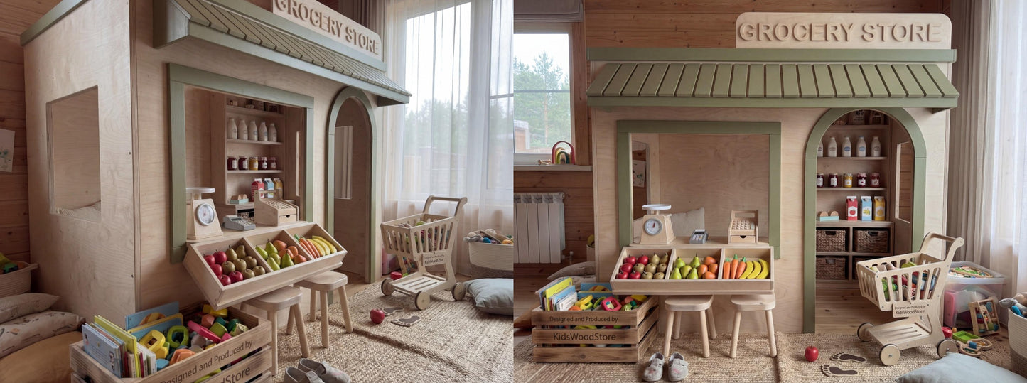 Wooden Kids Pretend Playhouse | Custom Indoor Role Play Grocery Store Playhouse for Home & Commercial Use