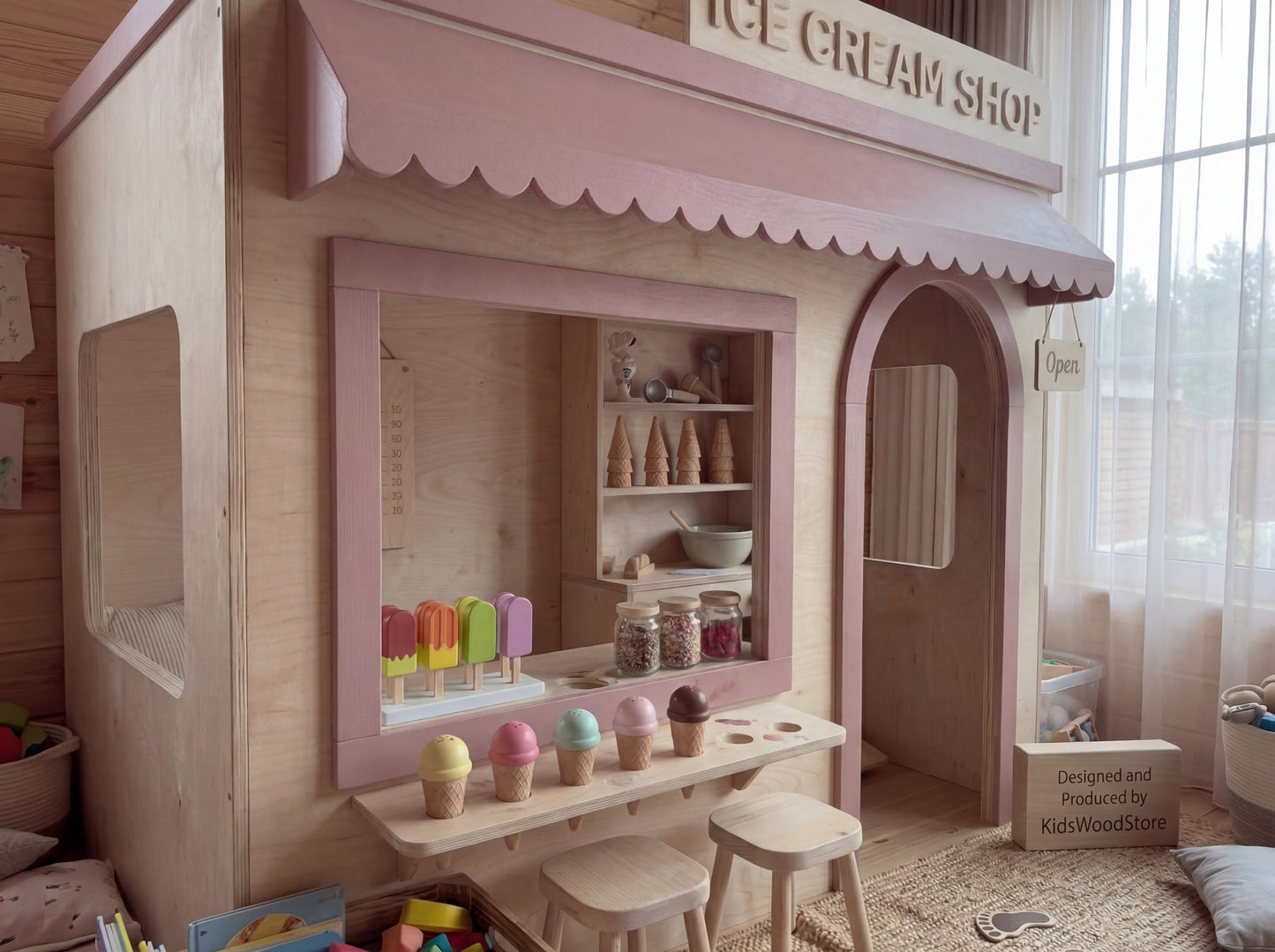 Wooden Kids Pretend Playhouse | Custom Indoor Role Play Ice Cream Shop Playhouse for Home & Commercial Use