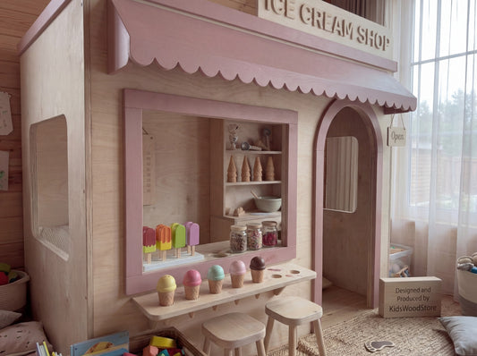 Wooden Kids Pretend Playhouse | Custom Indoor Role Play Ice Cream Shop Playhouse for Home & Commercial Use