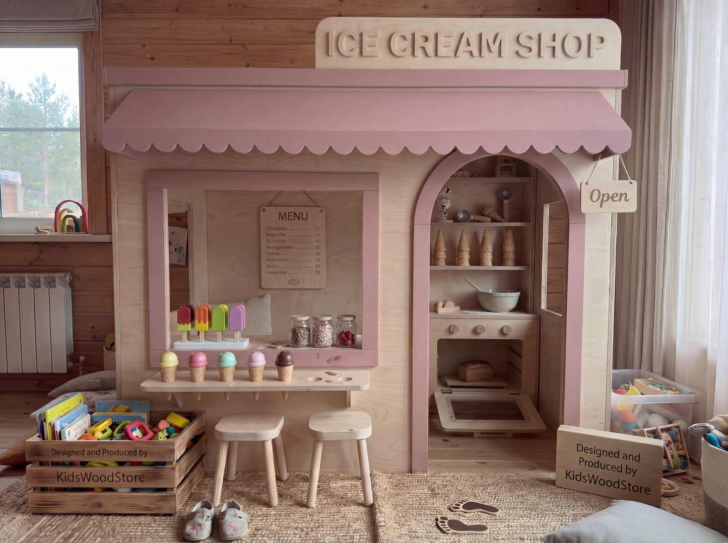 Wooden Kids Pretend Playhouse | Custom Indoor Role Play Ice Cream Shop Playhouse for Home & Commercial Use