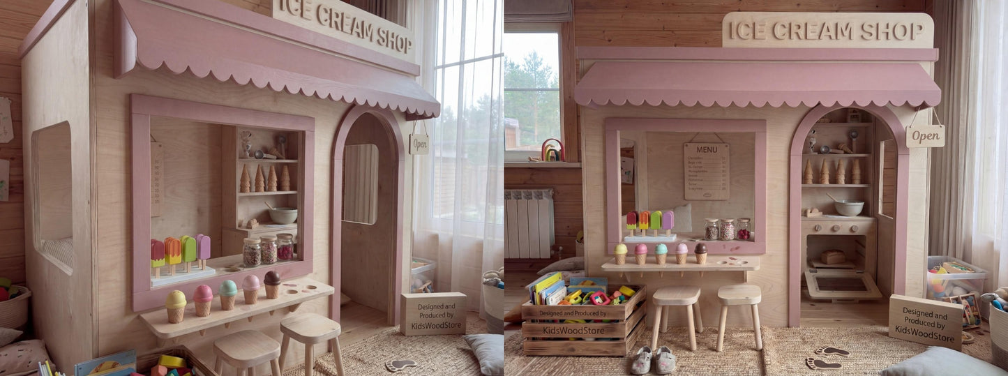 Wooden Kids Pretend Playhouse | Custom Indoor Role Play Ice Cream Shop Playhouse for Home & Commercial Use