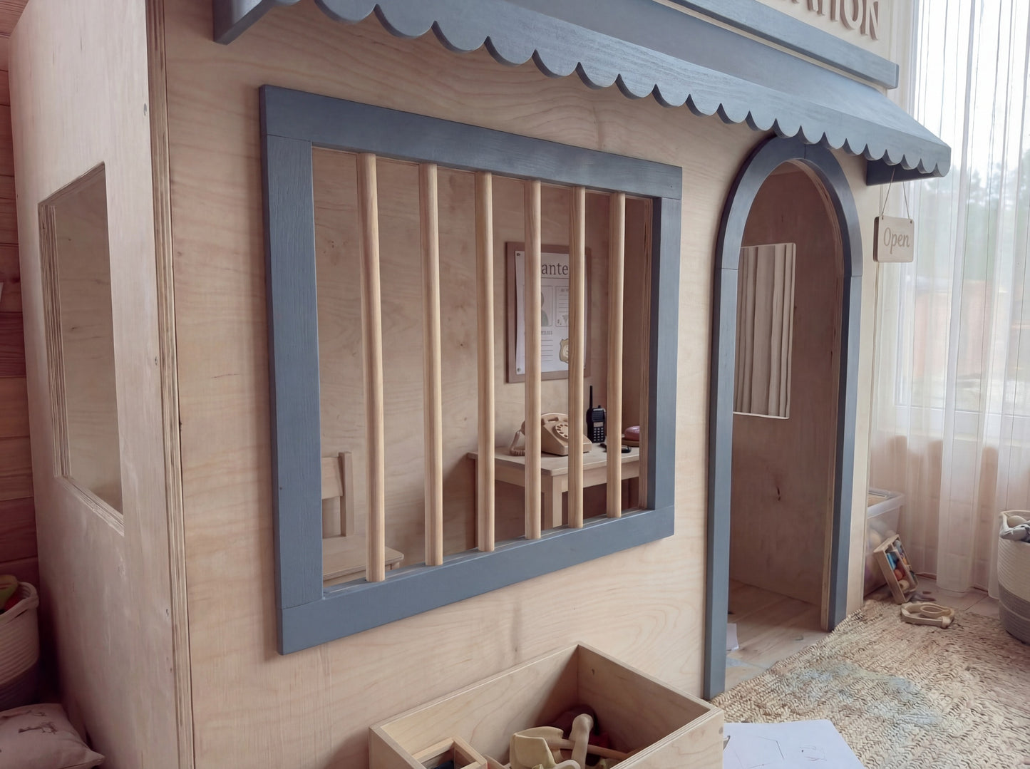 Luxury Indoor Wooden Playhouse Adventure Set Modular Two-Story Kids Play Town with Rope Bridge & Slide