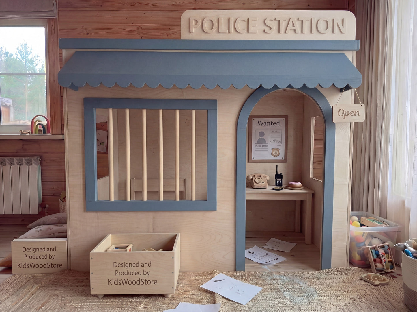 Wooden Kids Pretend Playhouse | Custom Indoor Role Play Police Station Playhouse for Home & Commercial Use