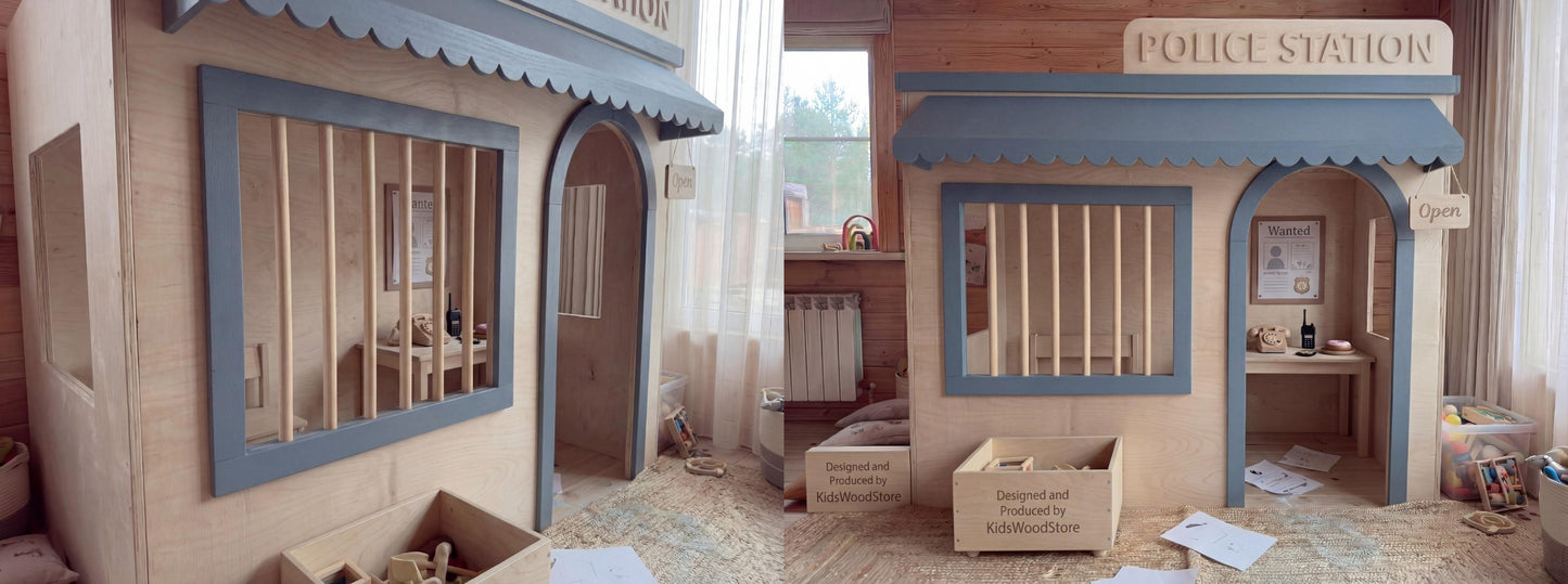 Wooden Kids Pretend Playhouse | Custom Indoor Role Play Police Station Playhouse for Home & Commercial Use