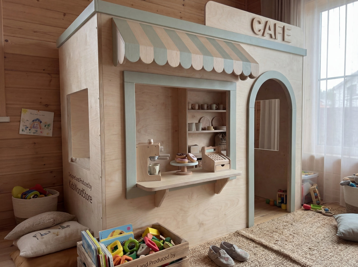 Luxury Indoor Wooden Playhouse Adventure Set Modular Two-Story Kids Play Town with Rope Bridge & Slide