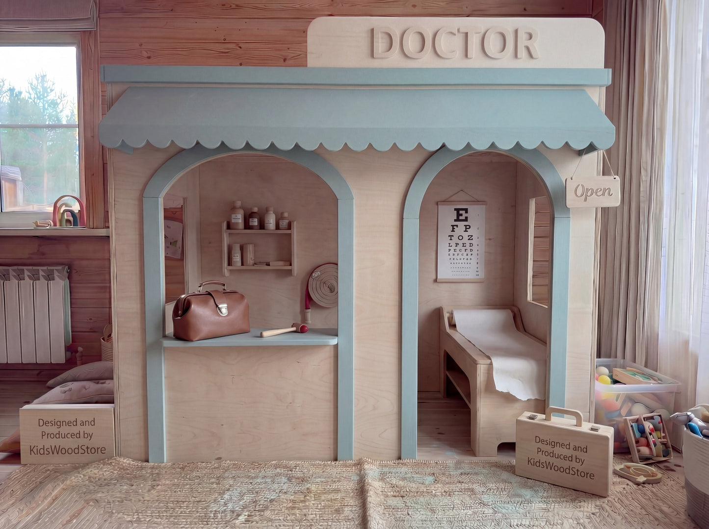 Spielhaus aus Holz für Kinder | Individuell gestaltbares Arztpraxis-Spielhaus für drinnen, geeignet für Zuhause und Gewerbe