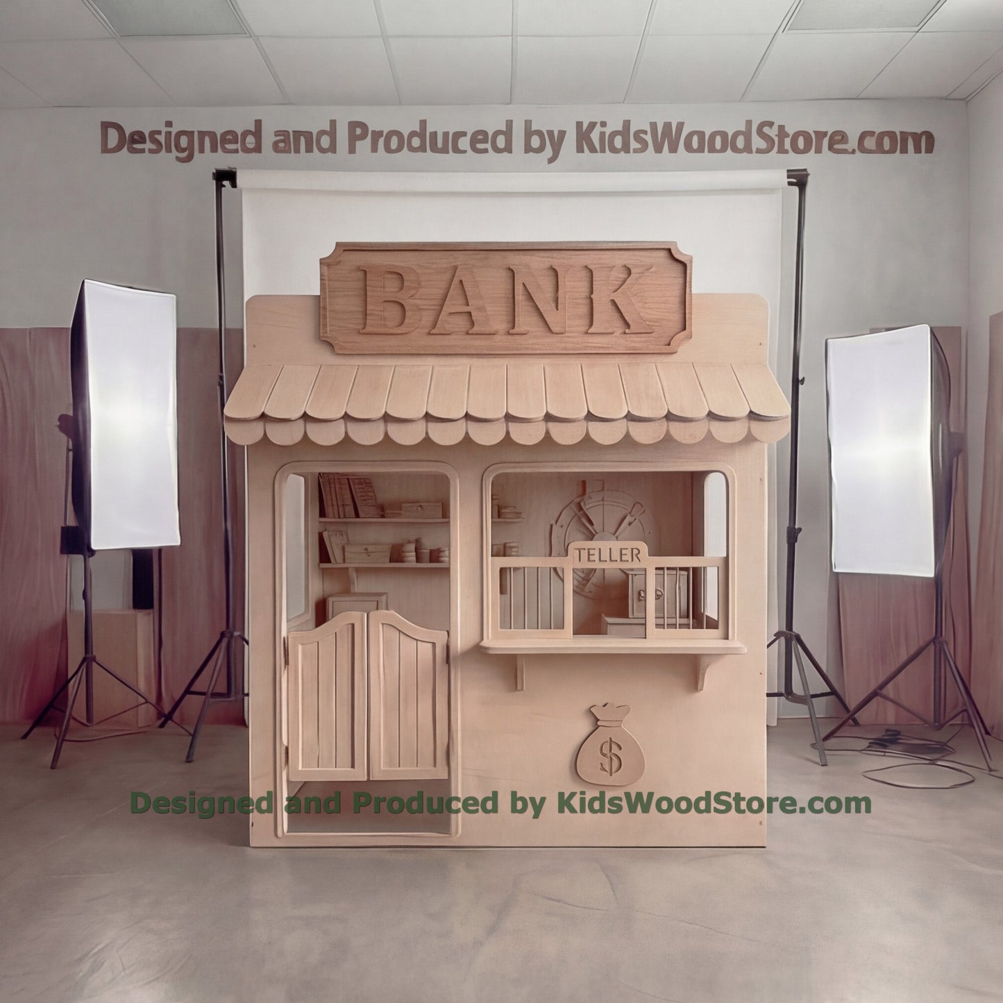 Wooden Bank Playhouse + Furnitures for Kids | Personalized 25+ Themes | All-Inclusive Turnkey Project