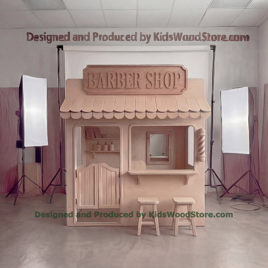 Wooden Barber Playhouse + Furnitures for Kids | Personalized 25+ Themes | All-Inclusive Turnkey Project